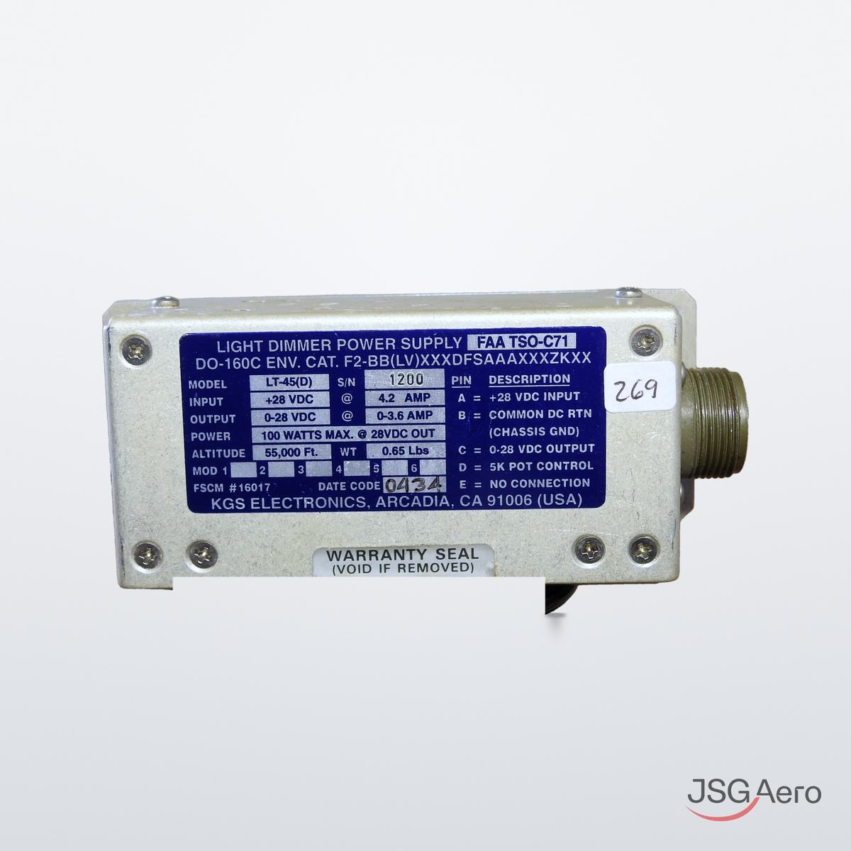 LT-45D LIGHT DIMMER POWER SUPPLY · KGS ELECTRONICS LT-45(D), TSO-C71 – foto 1 de 3